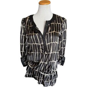 Womens Brina & Em Striped Cinched Peplum 3/4 Sleeve Split Neck Top Blouse - S